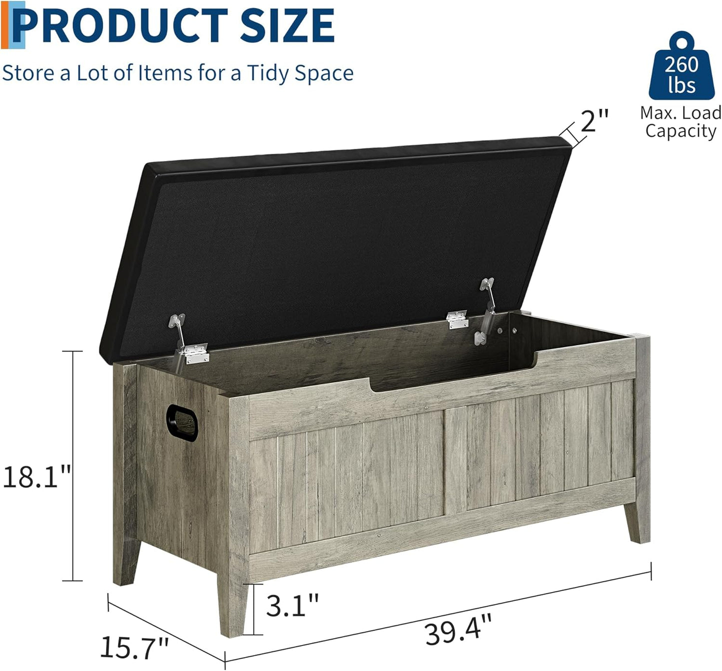 GAOMON Storage Bench with Padded Seat, 39.4” Wooden Chest Storage Box with 2 Safety Hinges, Entryway Benches with Flip-Top, Large Trunk for Living Room, Bedroom, Easy Assembly