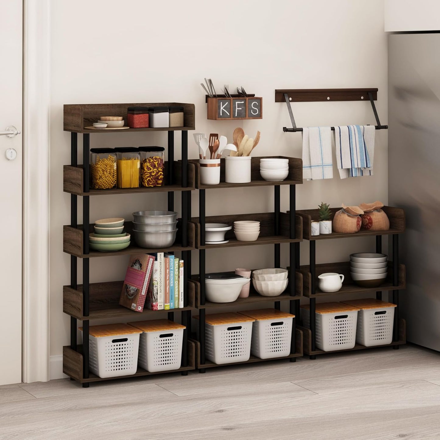 Furinno Turn-N-Tube 4-Tier Multipurposes Display Rack, Open Shelf Rack/Storage with Back & Side Panel, Walnut