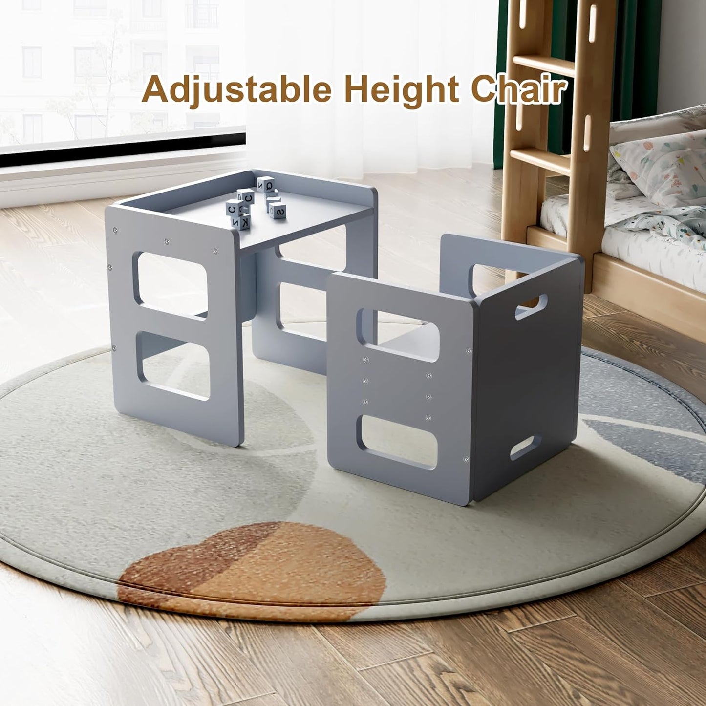 Montessori Weaning Table and Chair Set for Toddler and Baby, Kids Table and Chair Set- Solid Wood Toddler Furniture with Adjustable Height, Step Stool, for 1-3 Year Old Kids - Grey