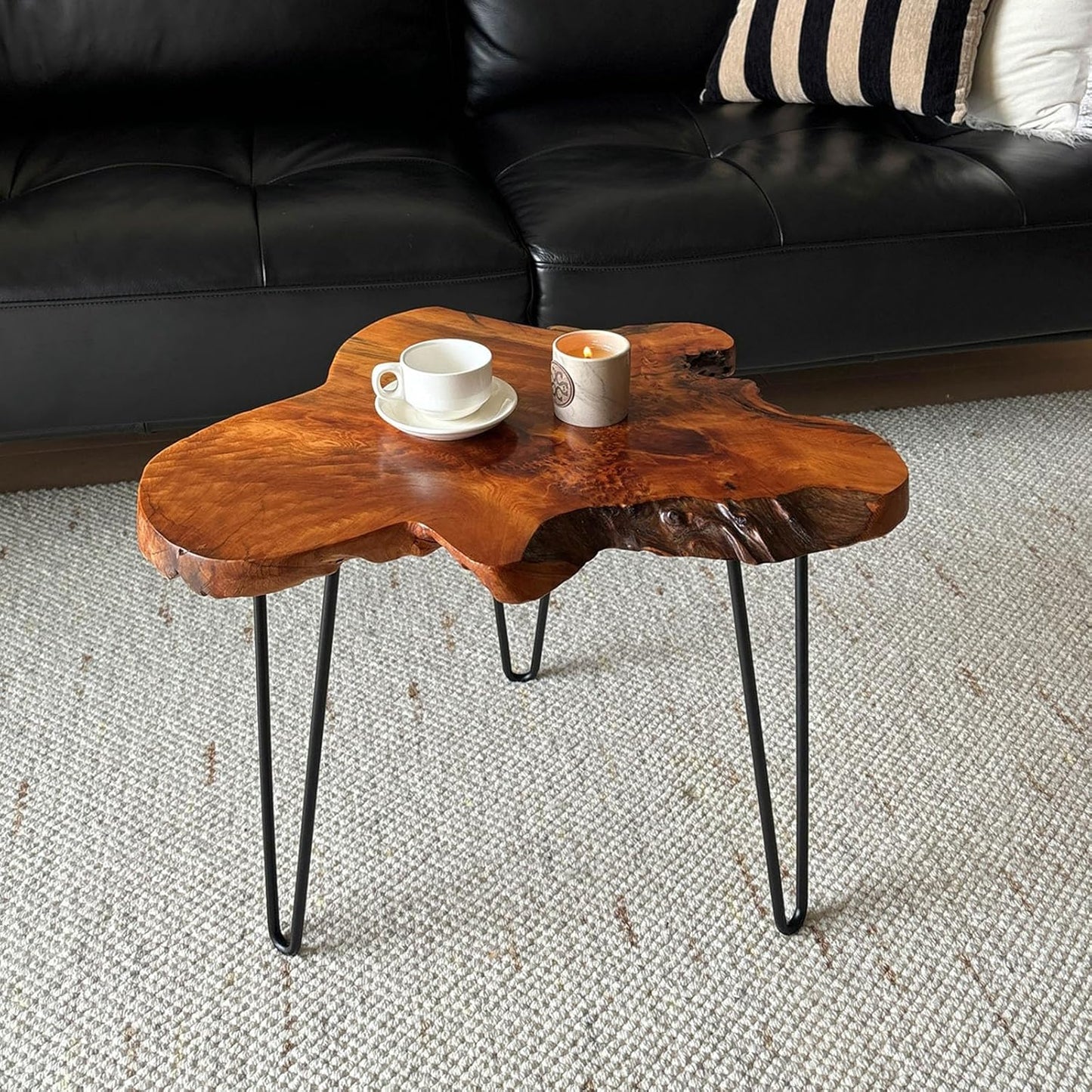 Live Edge Coffee Table, Natural Wood Coffee Table for Living Room, Natural Fir Unique Desktop with Metal Hairpin Legs (Medium)