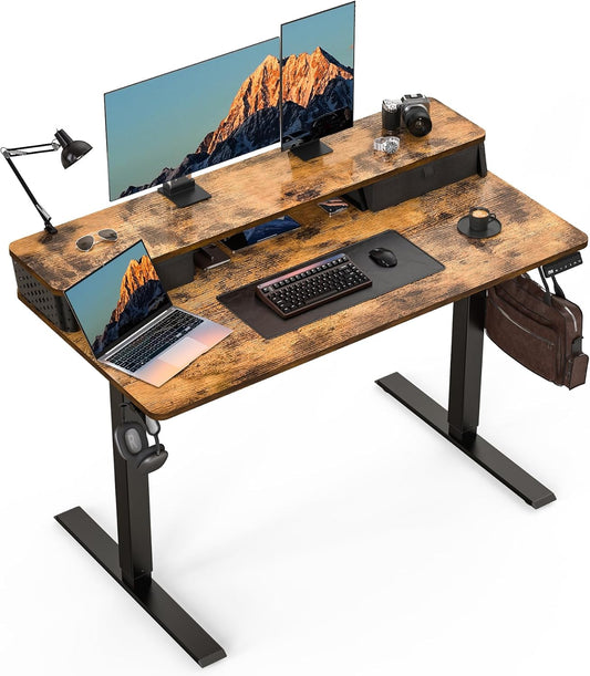 Standing Desk With Drawers and Brushless Motor,Electric Height Adjustable desk for Walking Pad,Ergonomic Stand Up Desk for Home Office & Gaming,3 Memory Height Preset & Hooks(48" x 24",Rustic Brown)