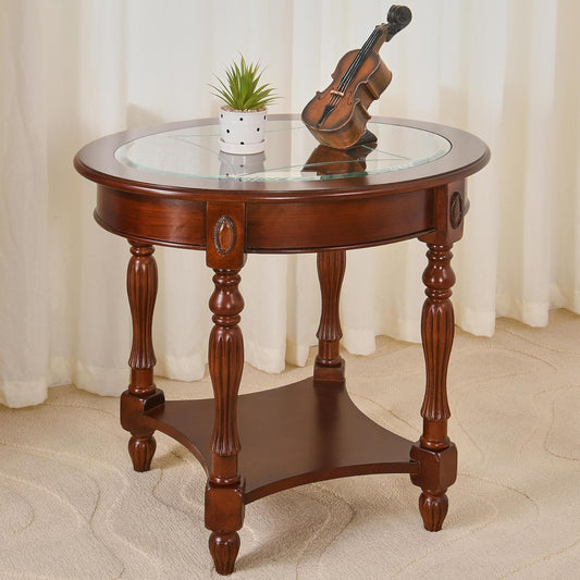 LEEMTORIG Oval Round Glass End Table, 2-Tier Solid Wood Glass Top End Side Tables, Traditional Victorian Nightstand for Bedroom Living Room Office, 28" W x 22" D x 24.2" H, Cherry Walnut CJZ-1533-GT