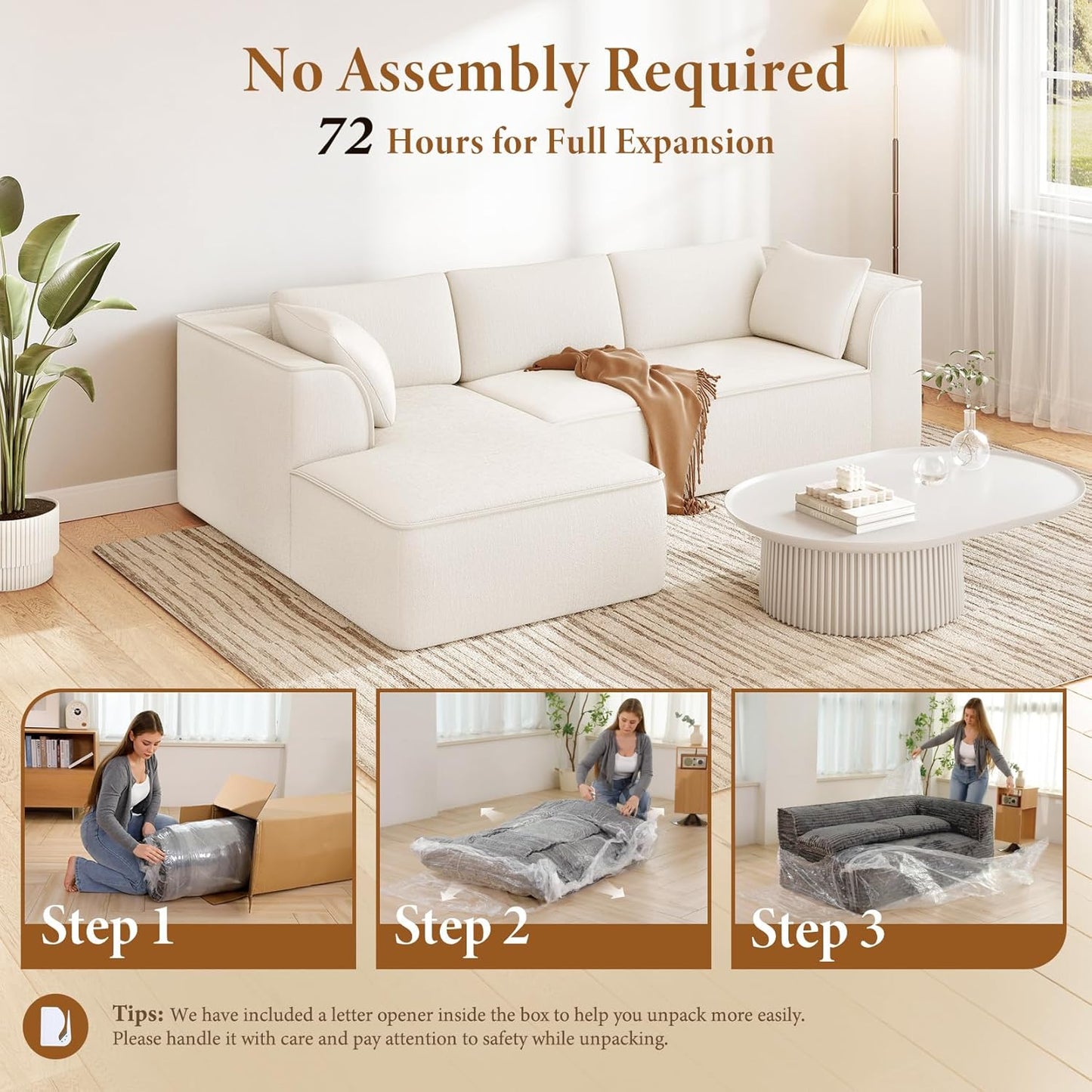 Vesgantti 106" Cloud Couch Sectional Modular Sofa, Deep Seat Comfy Cloud Couch Chenille Memory Foam Sofa Modular Couches for Living Room Bedroom, No Assembly Required (Beige, Left-Facing Chaise)