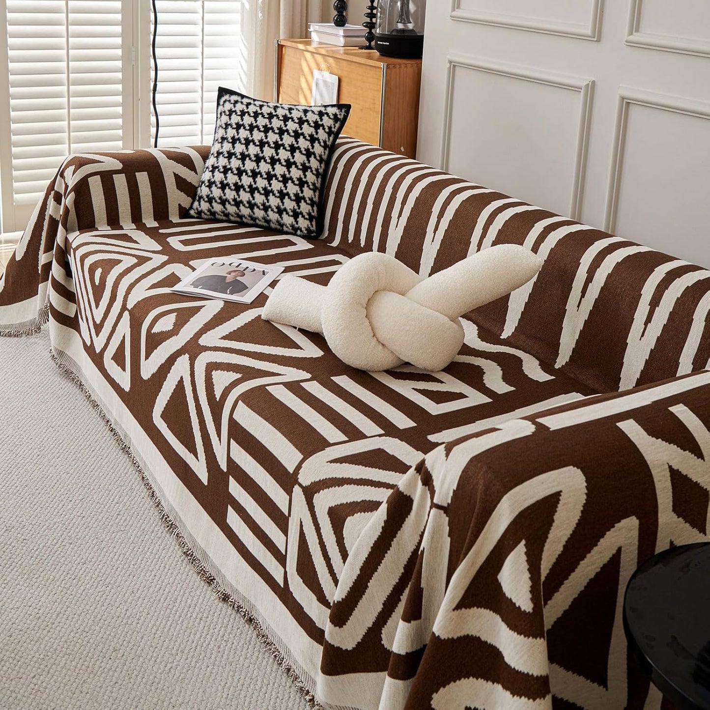 STACYPIK Reversible Boho Chocolate Sofa Cover Durable Couch Cover for 1 Cushion Couch Sofa Cover for Dogs Non Slip Jacquard Geometric Pet Armchair Cover with Tassels Sofa Protector Blanket-71X71IN