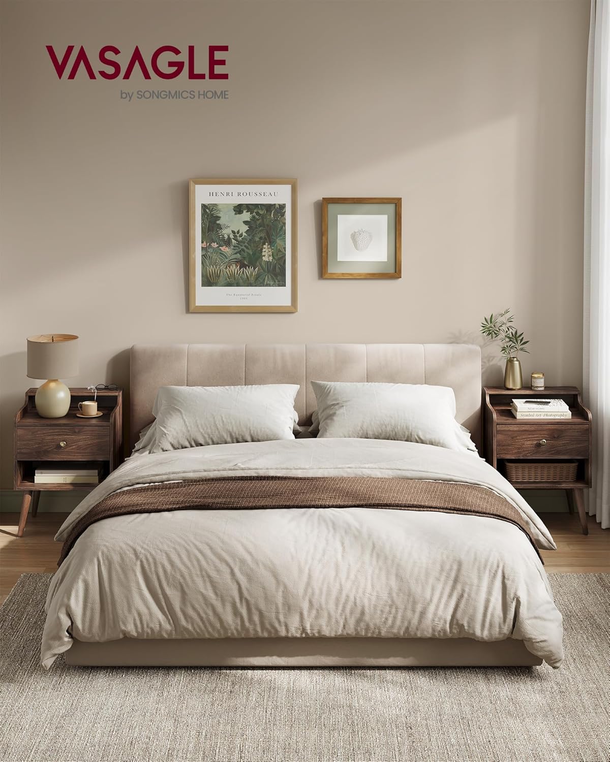 VASAGLE Nightstands, Set of 2, Bedside Tables with Hidden Drawers, Mid-Century End Side Tables with Solid Wood Legs, for Bedroom, Natural Walnut ULET624K01