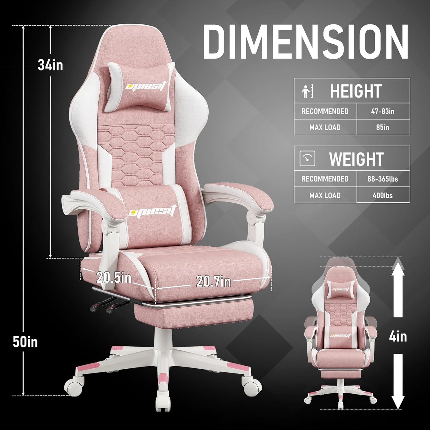 Gaming Chair, Computer Chairs for Adults with Lumbar Support and Massager, Comfortable Gamer Chair with Footrest & Pocket Spring Cushion, Ergonomic Home Office Chair, Pink, Fabric