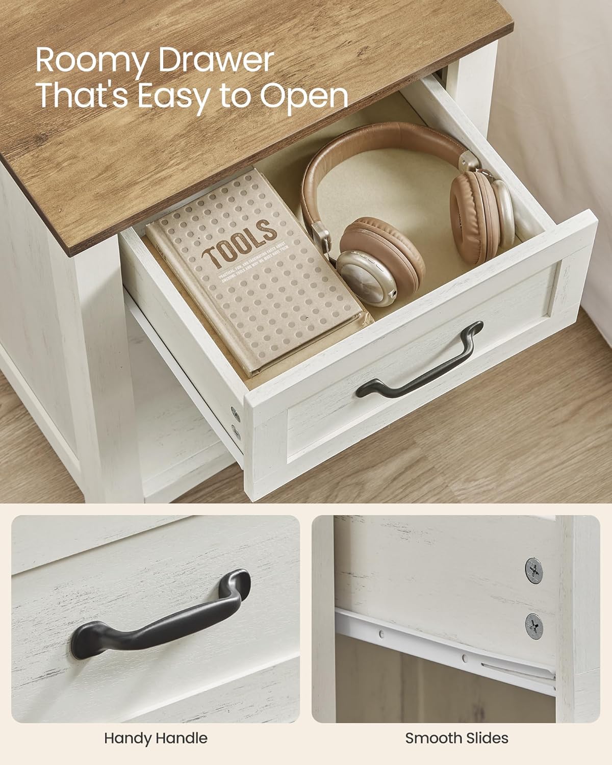 VASAGLE LIRY Collection - Farmhouse Nightstand with Charging Station, Bedside Table, Side Table with Drawer, Open Compartment, for Bedroom, Rustic White and Honey Brown ULET659K41