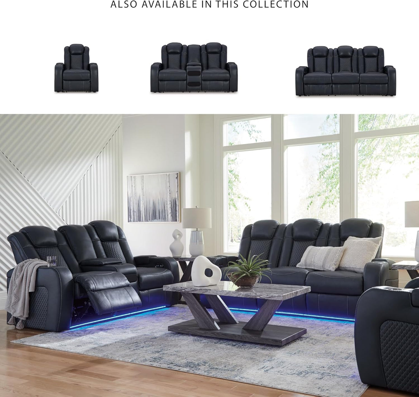 Signature Design by Ashley Fyne-Dyme Contemporary Power Reclining Sofa with USB Charging Ports and Adjustable Headrest, Blue