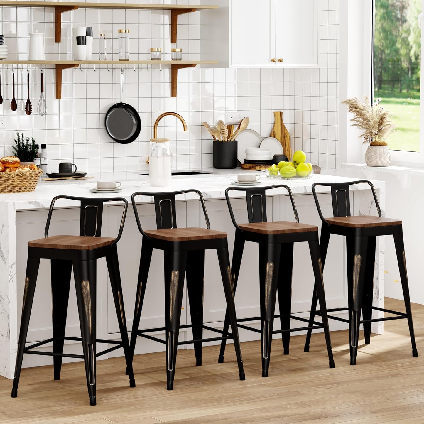 WENTMENT Bar Stools Set of 4 Counter Height Bar Stools Metal Barstools with Removable Back 30" Kitchen Bar Stools with Wooden Seat, Distressed Black