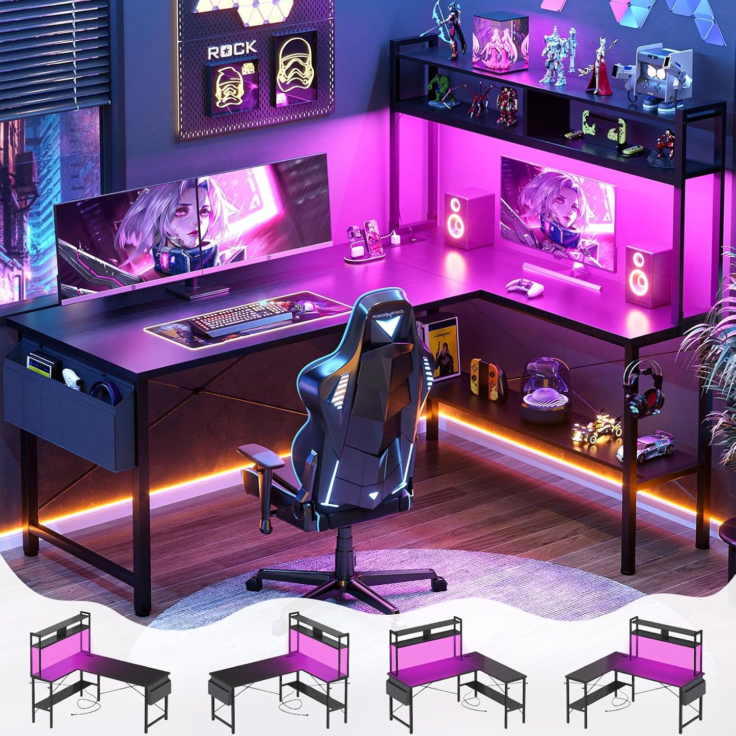 Aheaplus L Shaped Desk Gaming Desk, 59" L Shaped Computer Desk with LED Light & Power Outlet, Reversible Home Office Desk Gamer Desks with Shelves & Storage Bag & Hooks, Corner PC Desk, Black