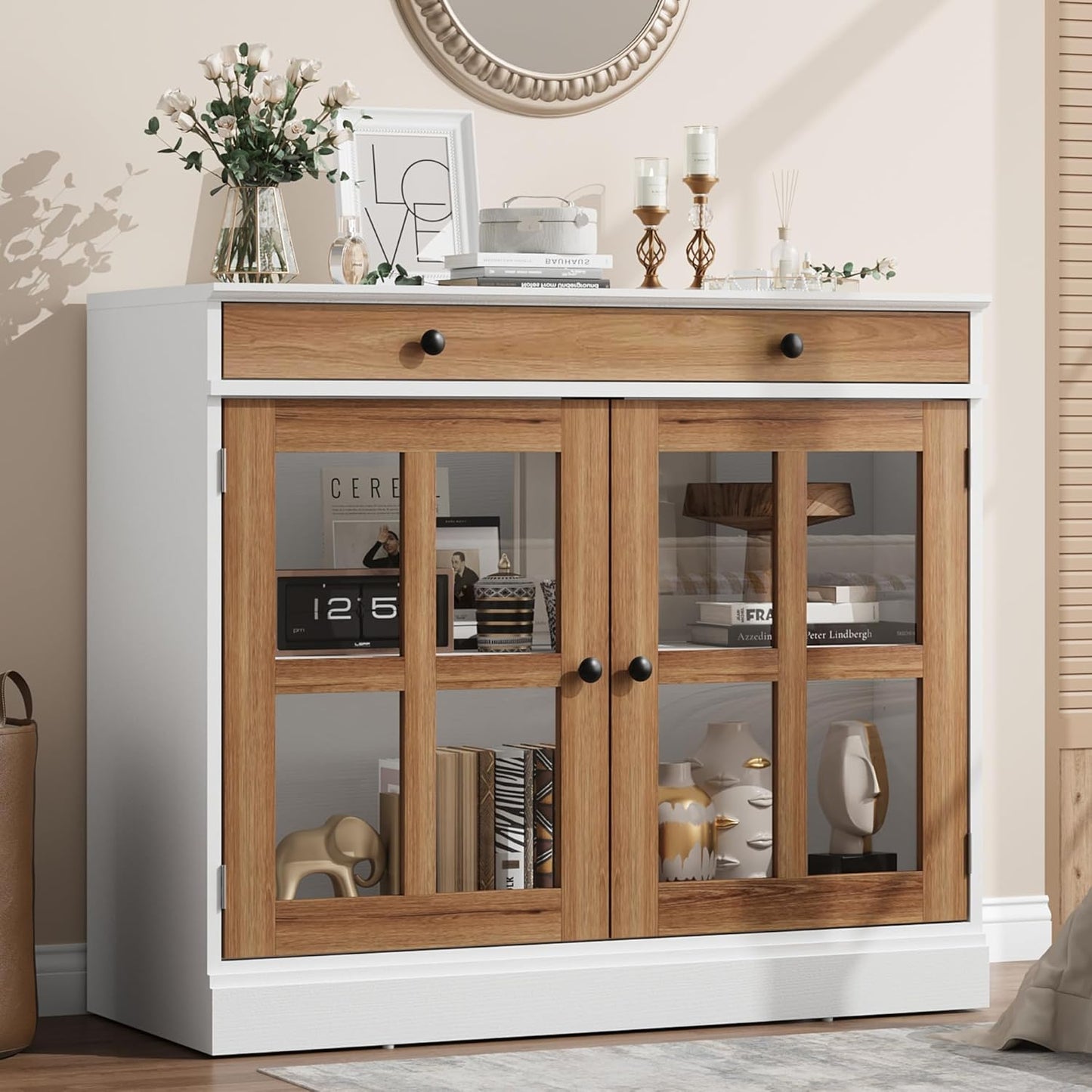 GarveeHome 35.4" Sideboard Buffet Cabinets with Glass Door, Buffet Cabinet with Storage, White&Brown Sideboard Cabinet with Drawer, Modern Buffets & Sideboards for Dining Room, Kitchen