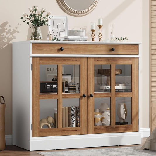 GarveeHome 35.4" Sideboard Buffet Cabinets with Glass Door, Buffet Cabinet with Storage, White&Brown Sideboard Cabinet with Drawer, Modern Buffets & Sideboards for Dining Room, Kitchen