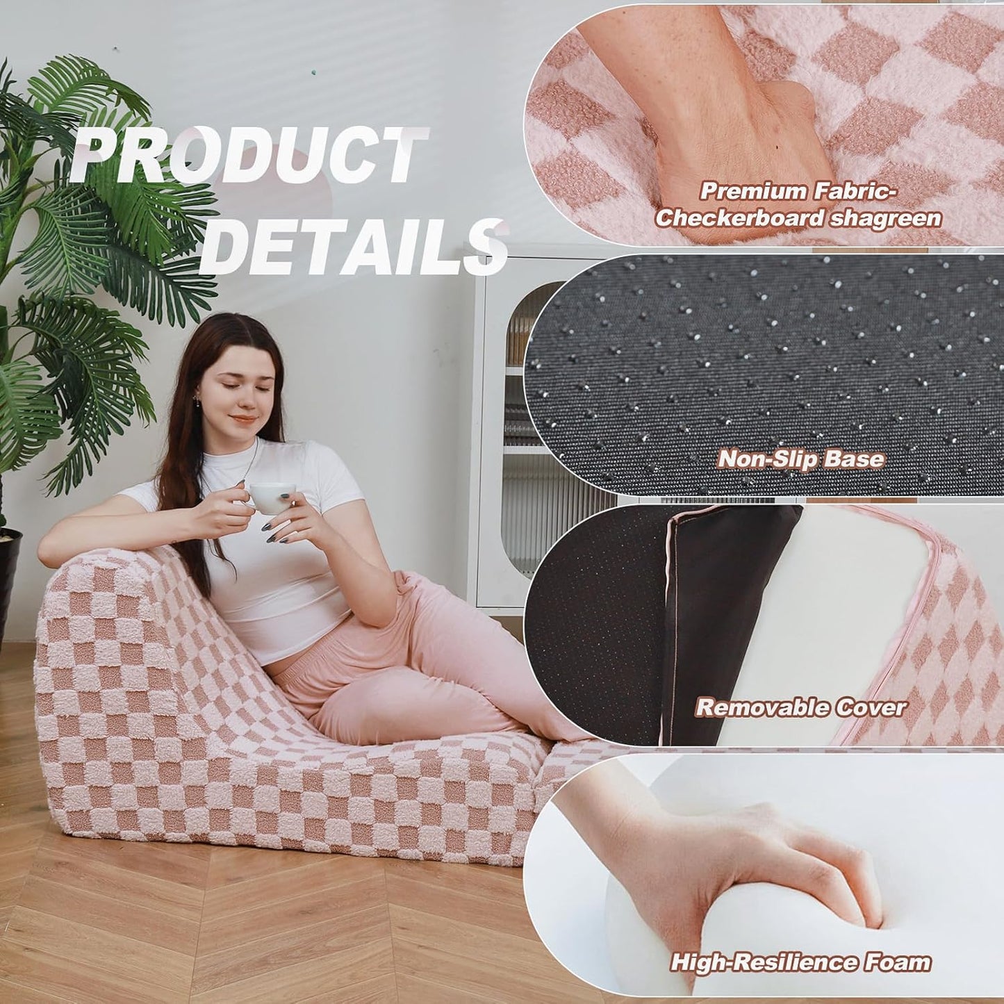 Bean Bag Chair with Checkerboard Shaker Fleece Fabric, Folding Sofa Bed, Floor Sleeper Lounge Chair, Lazy Sofa for Living Room, Bedroom, Apartments (Iceberry Pink)