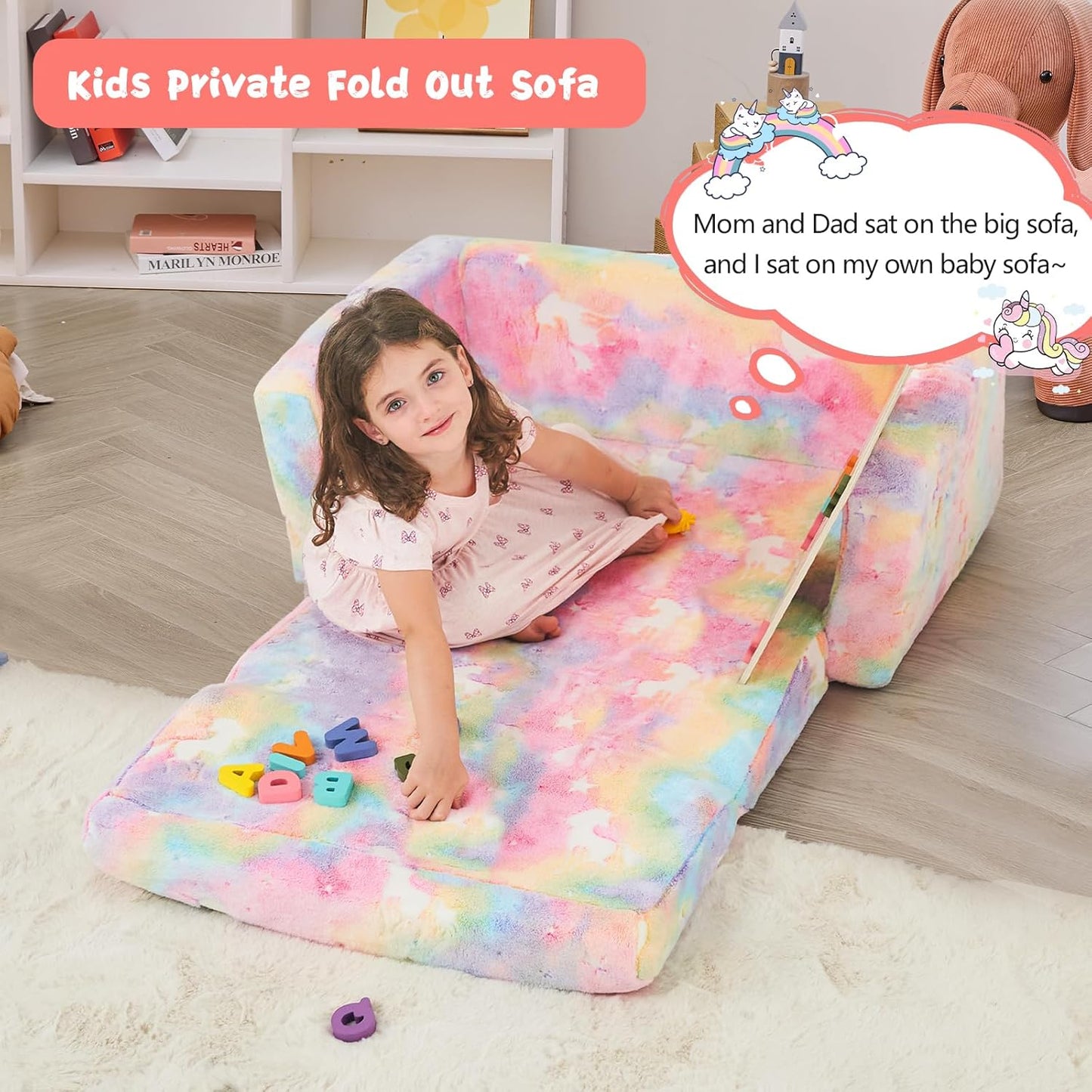 Toddler Chair Comfy,2-in-1 Soft Toddler Couch Fold Out for Kids,Convertible Sofa to Lounger,Gift for Girls and Boys Birthday,Unicorn,Large