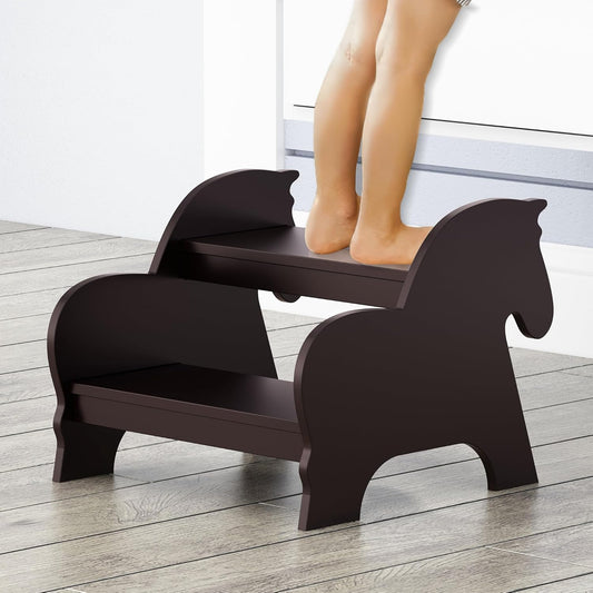 Wood Step Stools for Kids, Child Two Step Stool of Horse Shape, Toddler Step Stools Potty Training Stool, Easy to Move Safety for Kitchen, Bathroom, Bedroom, Toilet