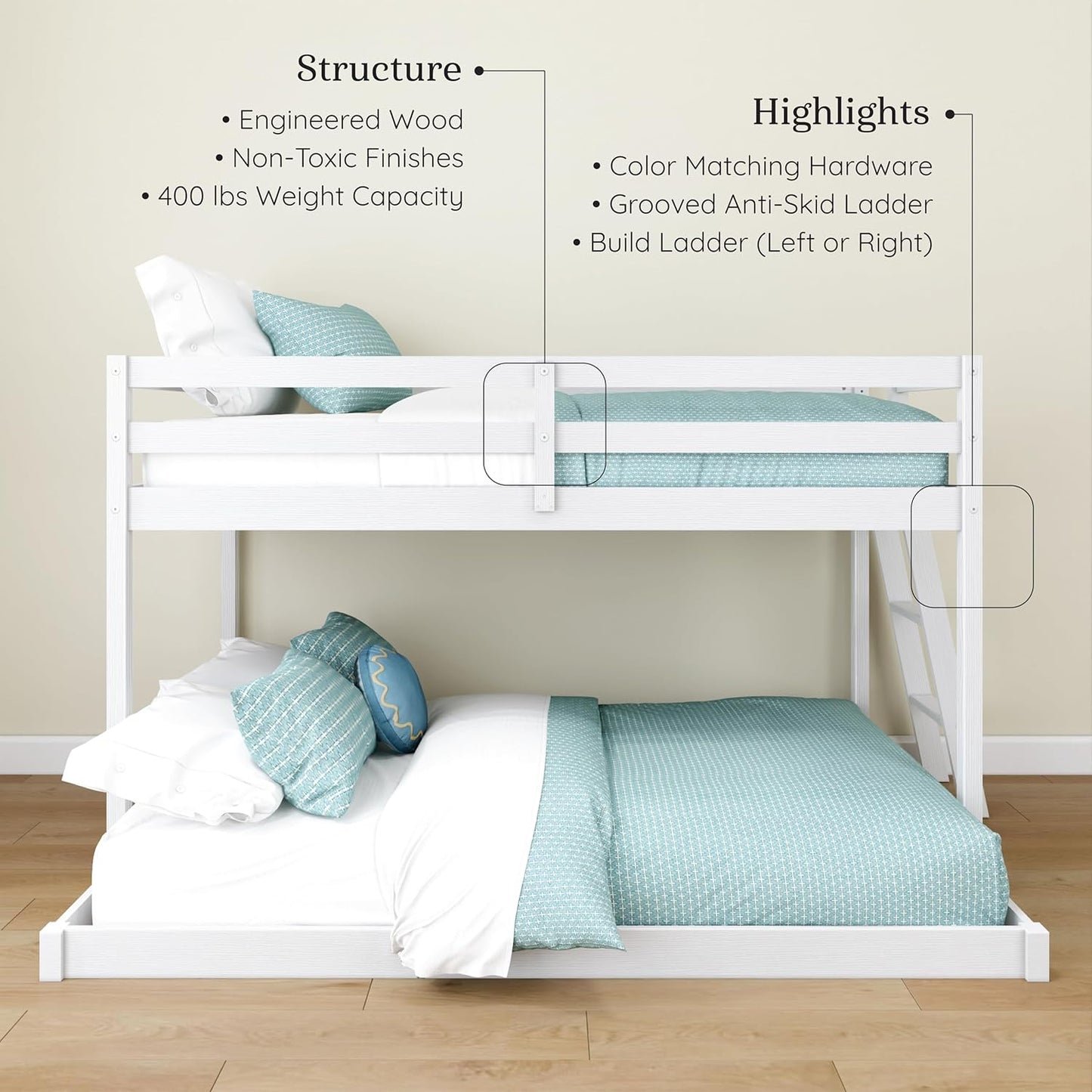 Grain & Grove Bear Twin Over Full Bunk Bed, Low Bunk Bed Frame for Kids, Bunk with Ladder, Guardrail, and Slats, No Box Spring Required, Brushed White