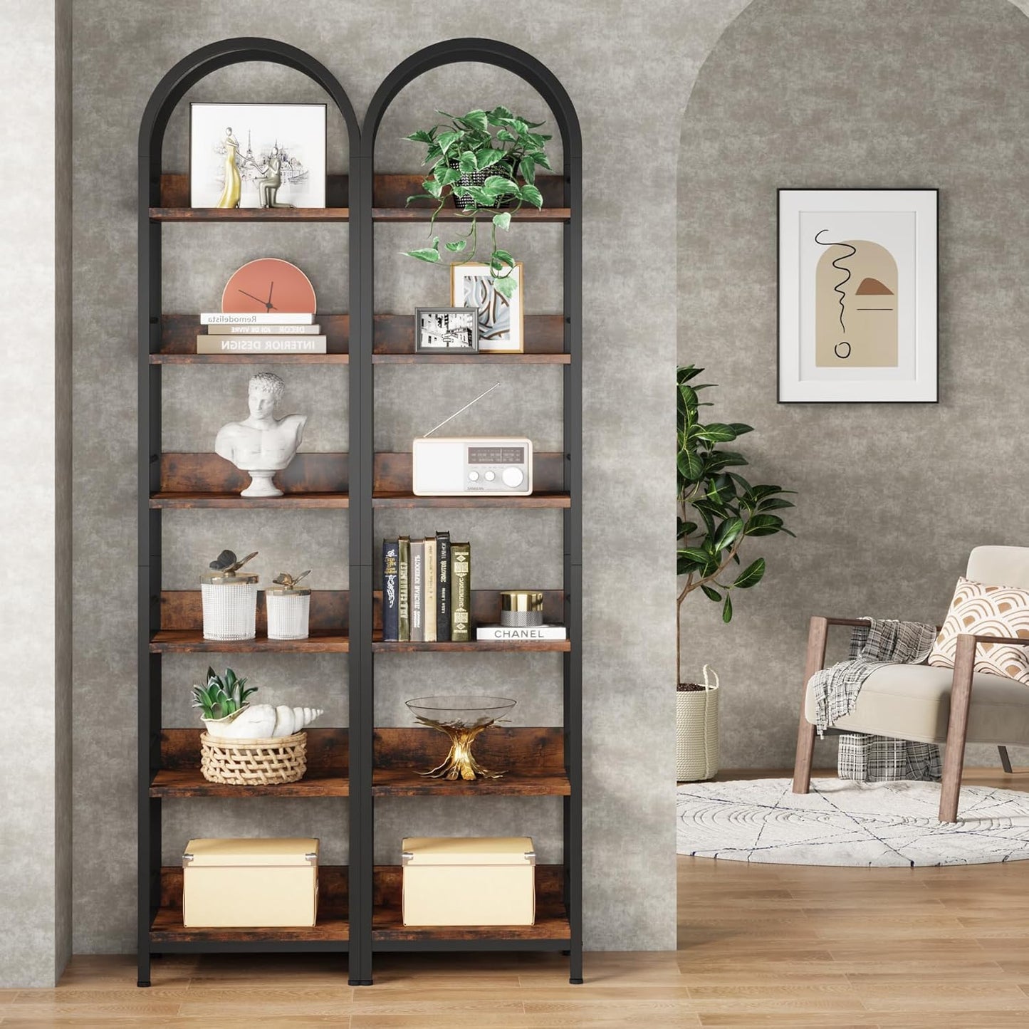LITTLE TREE Bookshelf Set 2, Skinny 78.7 Inches Tall Arched Bookshelf, 6 Tiers Brown Open Bookcase with Black Metal Frame, Freestanding Corner Display Shelves Rack for Living Room, Home Office