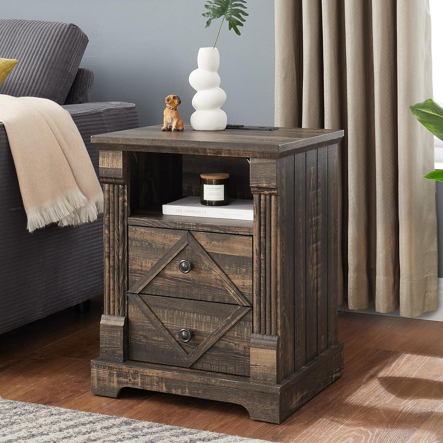 Farmhouse Nightstand with Charging Station, 18" Modern Wood Side Table, 2 Drawers End Table & Roman Column Design for Living Room, Bedside Table with Open Shelf for Bed Room, Dark Rustic Oak