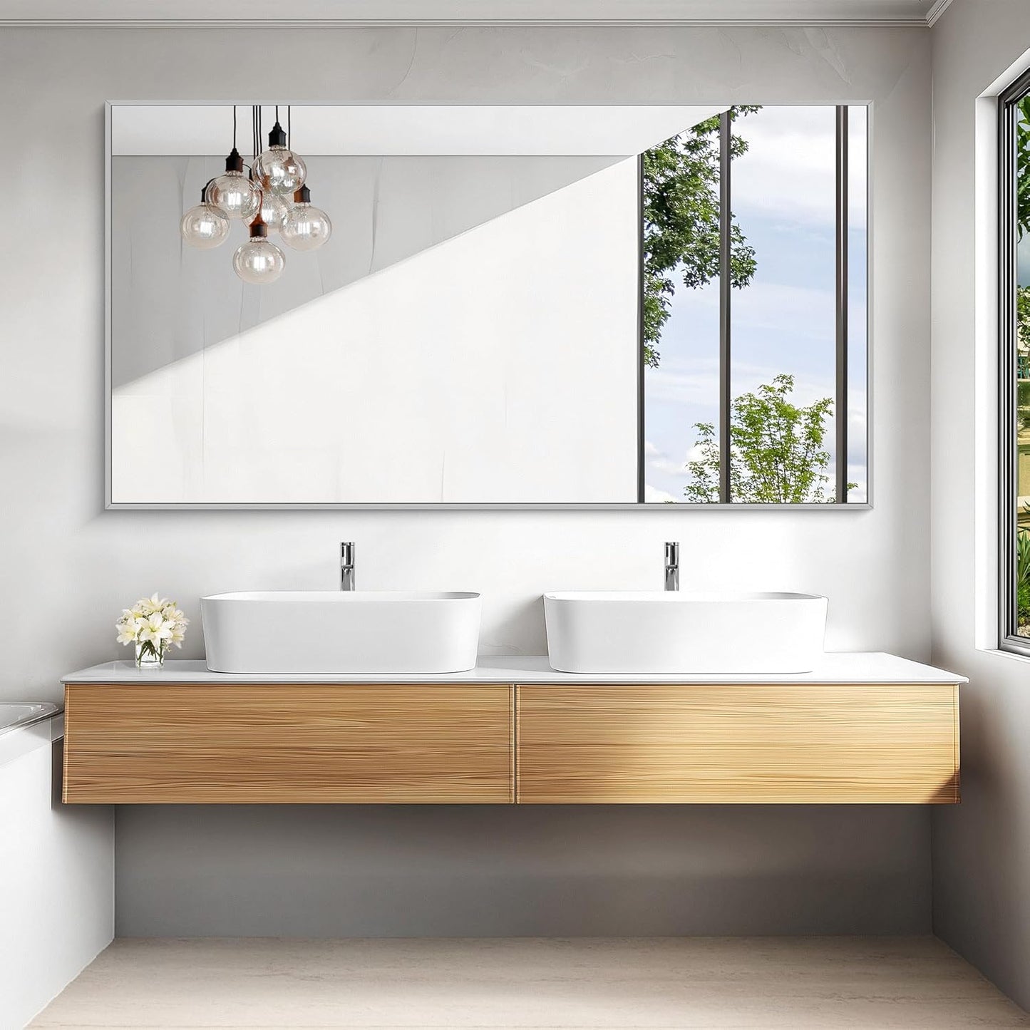KOCUUY Large Silver Bathroom Mirror, 60x30 inch Rectangular Mirror for Bathroom Sink, Oversized Mirror with Metal Brushed Nickel Frame for Living Room, Farmhouse, Entryway, Hang Horizontal/Vertical