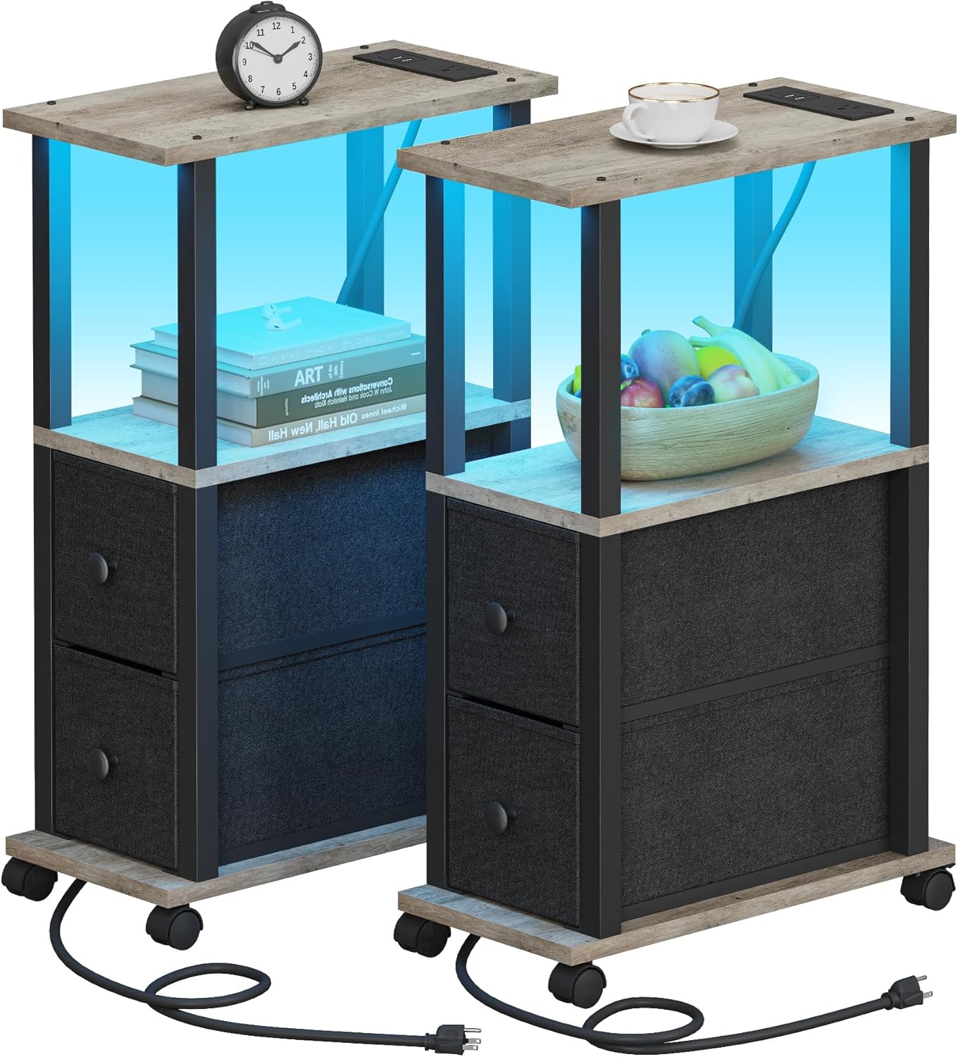 TUTOTAK Small Narrow End Tables, LED Side Tables with 2 Fabric Drawers, Set of 2, Bedside Tables with Charging Station for Small Spaces, Slim Nightstands with USB Ports and Wheels, TB01BG053L