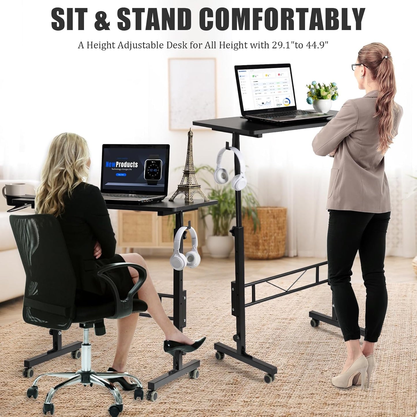 SIDUCAL Standing Desk Adjustable Height, Small Mobile Table with Wheels, Rolling Desk for Standing or Sitting, Portable Computer Desk for Walking Pad, Black