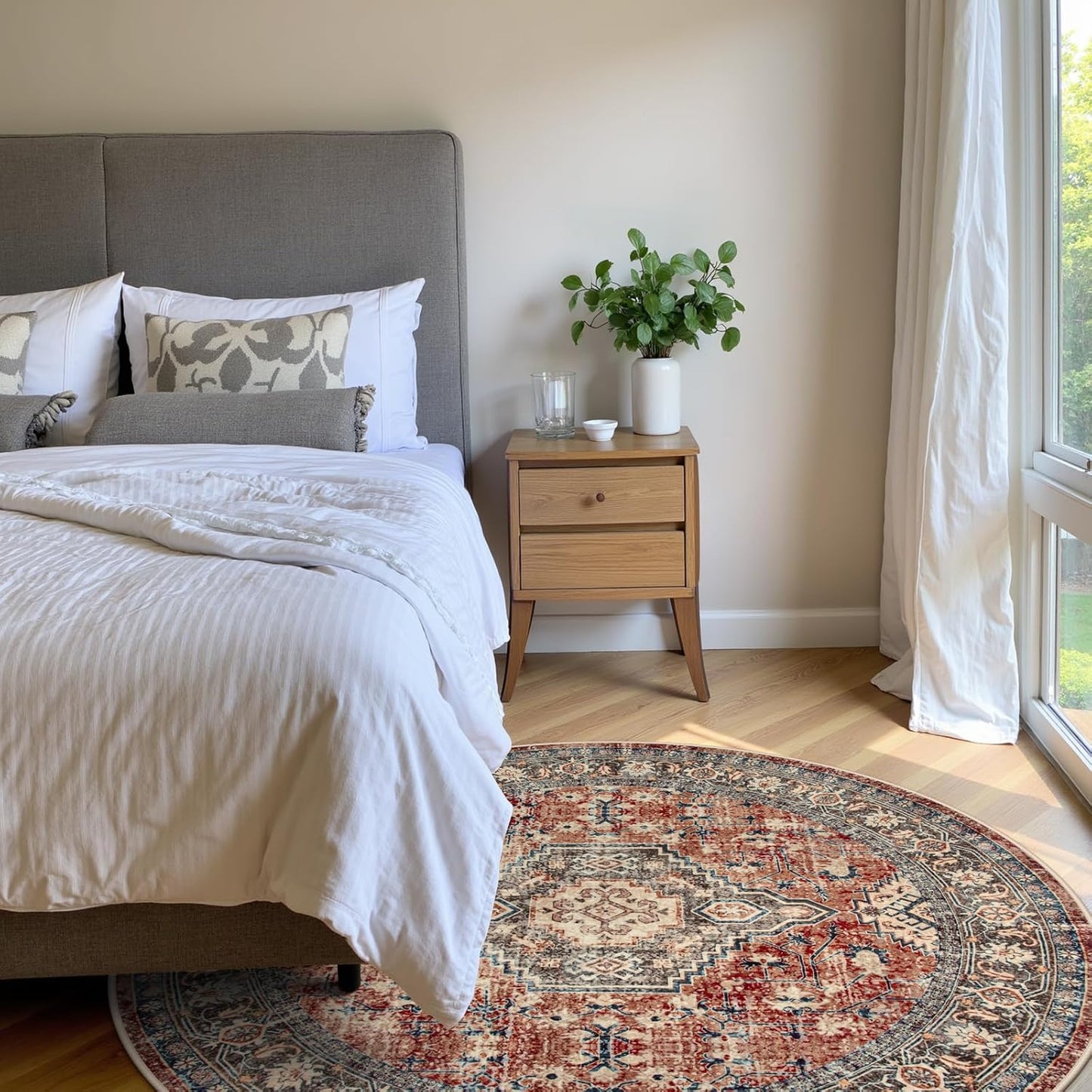 Lahome Oriental Washable Round Area Rug, Non-Slip Round Rugs 6ft Ultra-Thin, Soft Large Throw Circle Carpet for Living Room Bedroom Kitchen Nursery, Brick Red