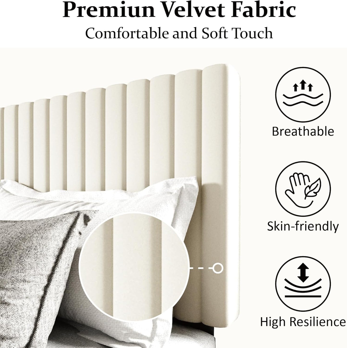 King Size Bed Frame with Velvet Upholstered Headboard, Platform Bed with Strong Wood Slats, Mattress Foundation, Box Spring Optional, Easy Assembly, Beige