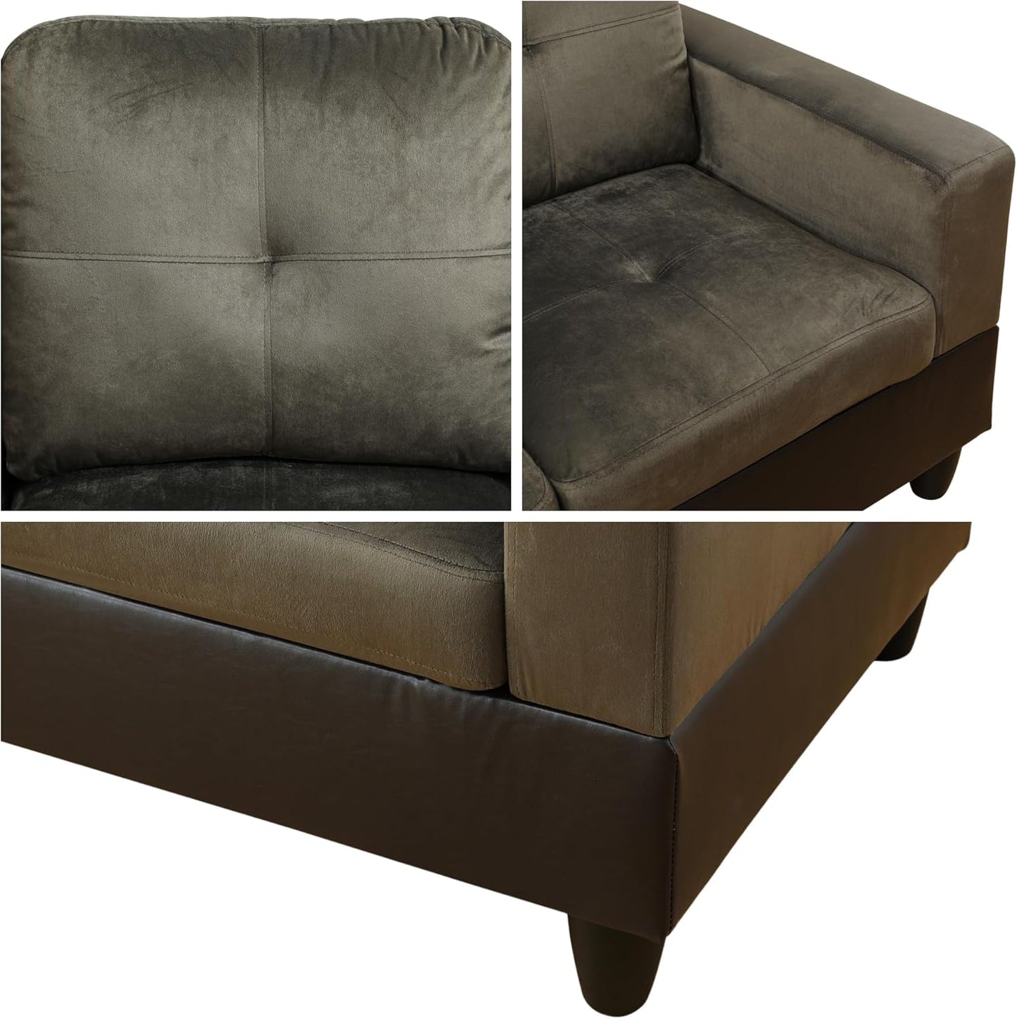 L Shaped Sectional Sofa with Ottoman, Color Blocking Flannel Leather Right Facing Modern Couches for Living Room, Bedroom, Office, Taupe