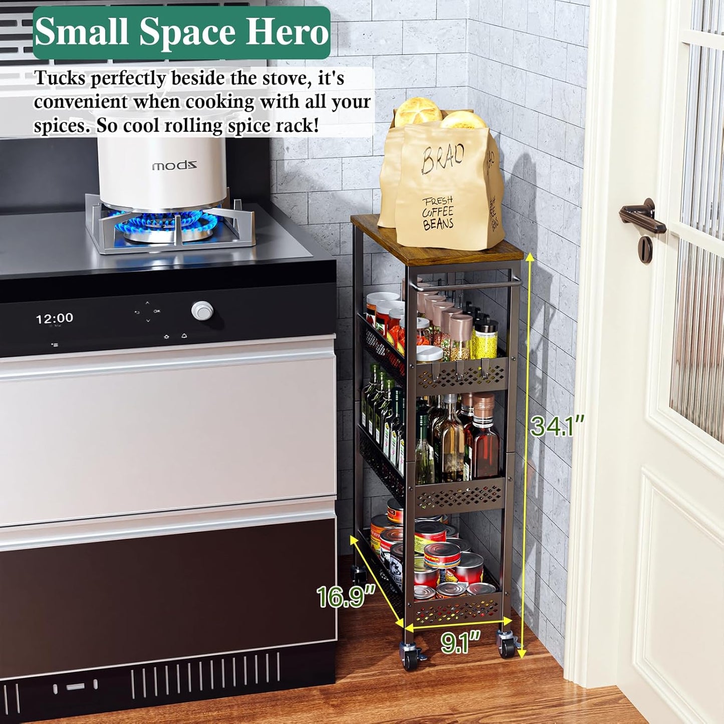 Utility Slim Storage Cart, 4-Tier Narrow Bathroom Organizer and Storage Cart, Metal Narrow Kitchen Laundry Room Organization Rack with Wood Top, Slim Rolling Shelf with Wheels for Small Space