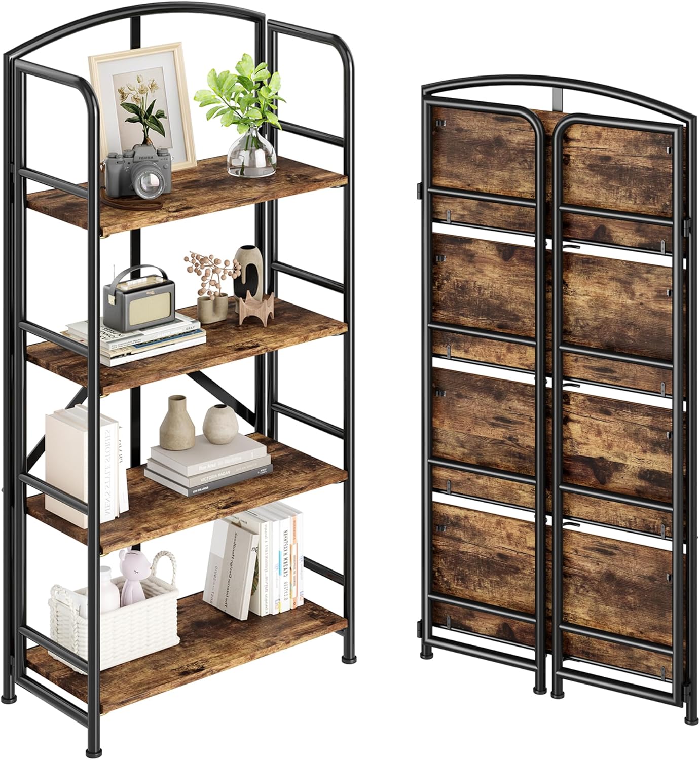 No-Assembly Folding Bookshelf Storage Shelves 4 Tiers Vintage Multifunctional Plant Stand Storage Rack Shelves Bookcase for Home Office
