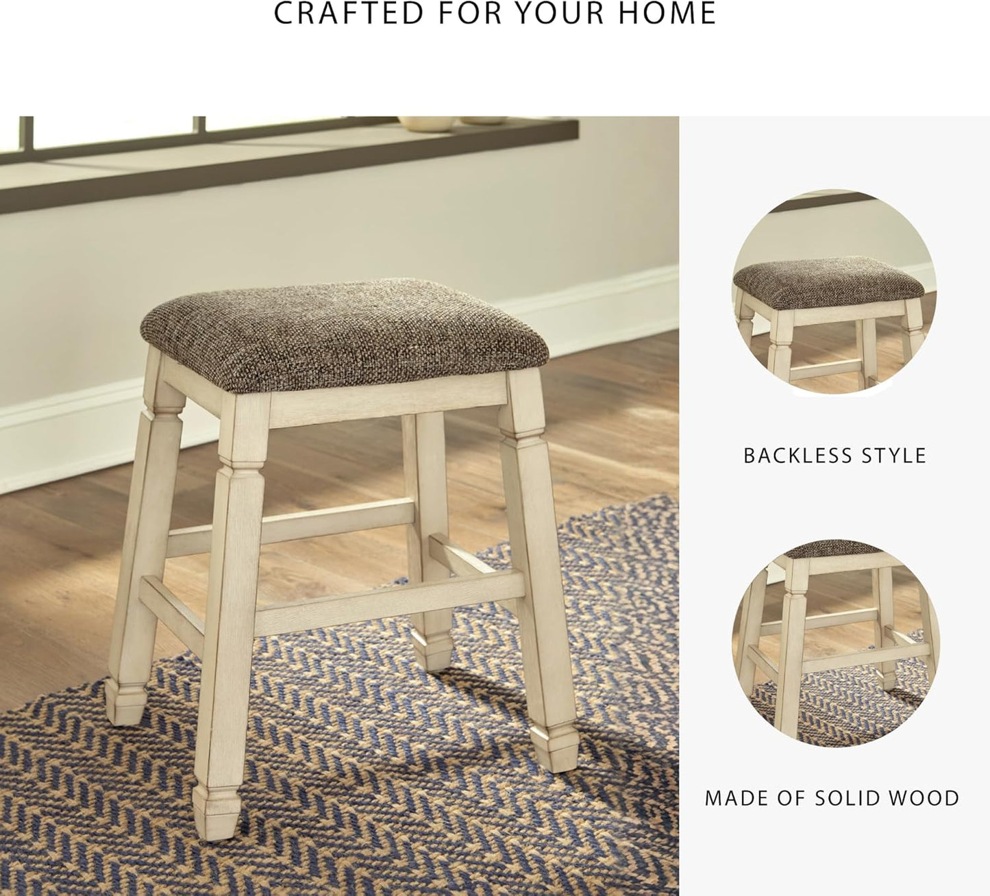 Signature Design by Ashley Bolanburg Farmhouse 24" Counter Height Upholstered Barstool, 2 Count, Whitewash