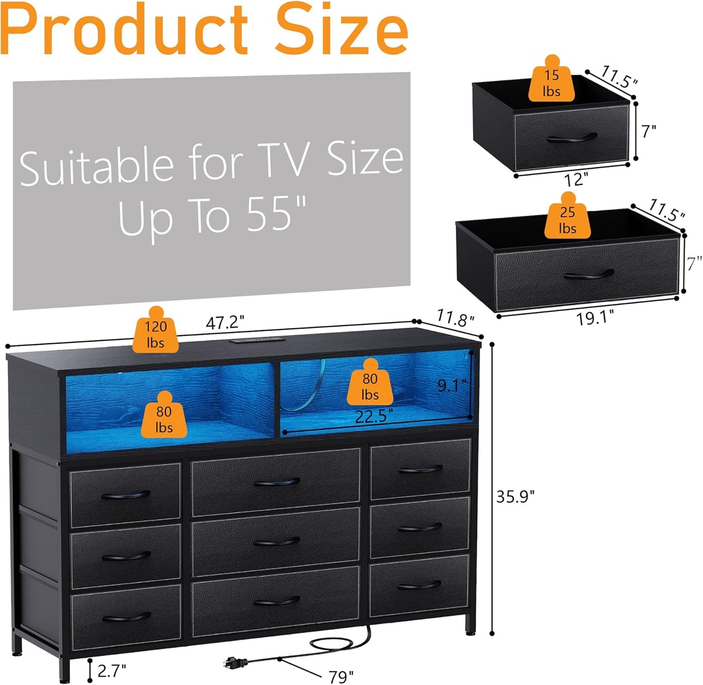 Black Dresser for Bedroom, 9 Drawers Led Dresser TV Stand with Power Outlets and LED Lights, Long Fabric Dressers Wide Chest of Drawers with Large Organizer for Living Room, Entryway, Hallway