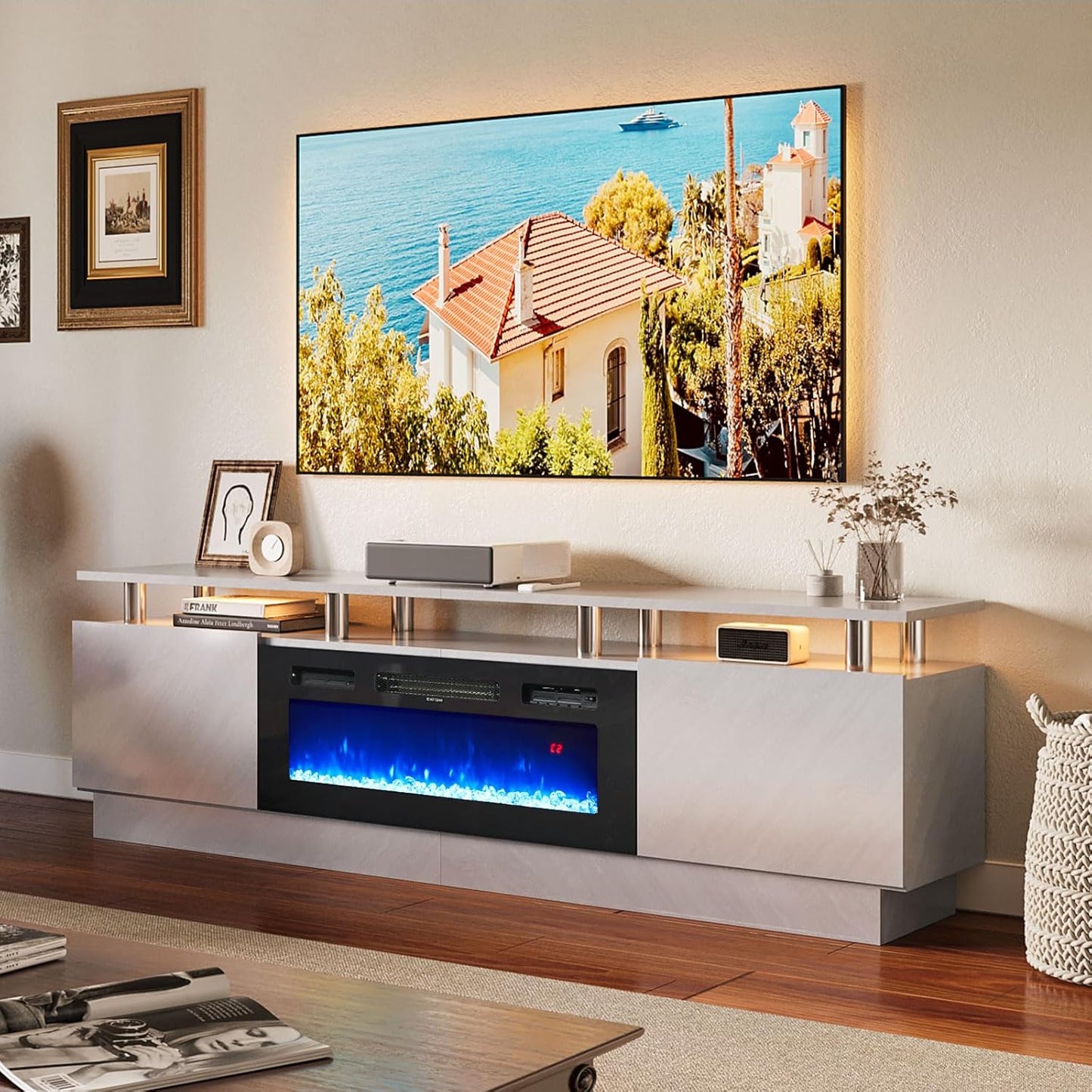 80" TV Stand & Entertainment Center, Media Console with Storage Cabinet, Fits TVs up to 90", Modern Living Room Furniture, 36" Electric Fireplace (Grey+Black)