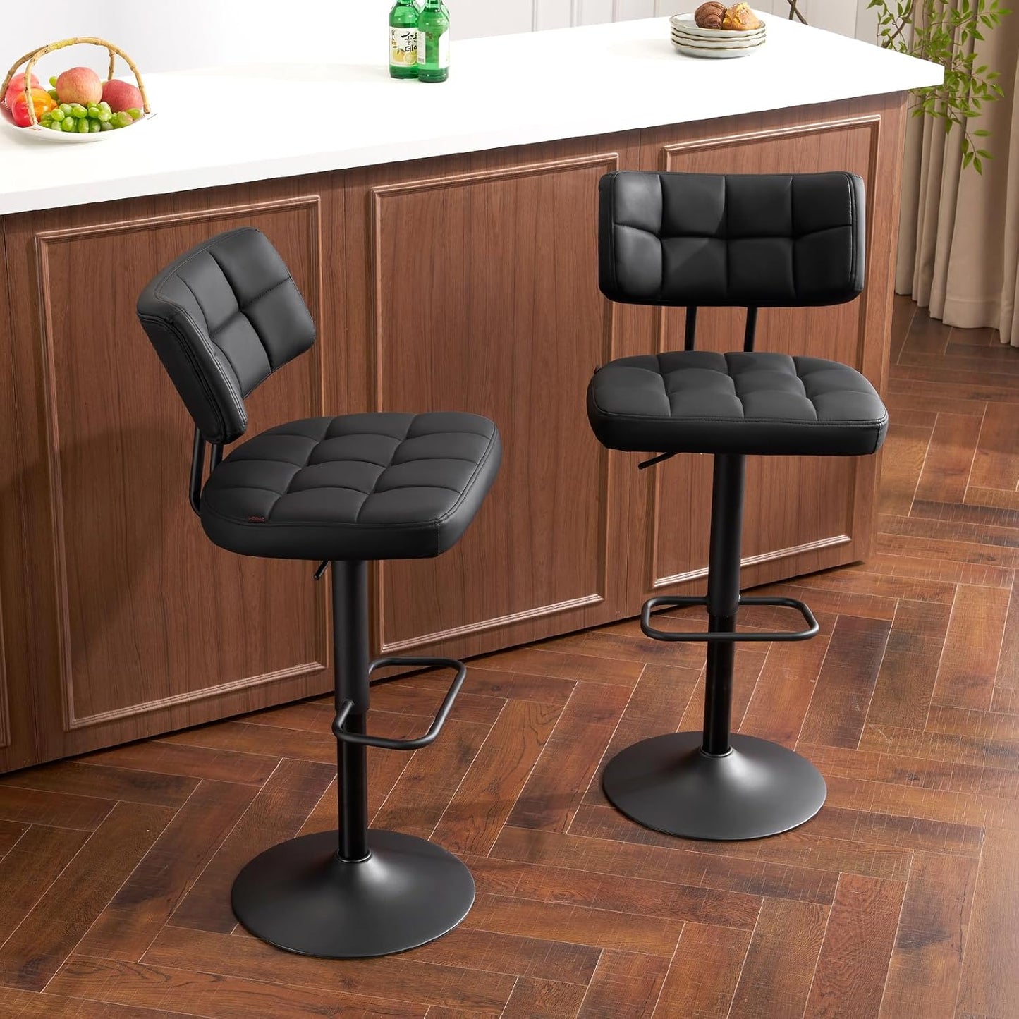Furniliving Upholstered Bar Stools Set of 4, Faux Leather Swivel Bar Stools with Back, Adjustable Counter Height Barstools for Kitchen Island, Dining Space, Black