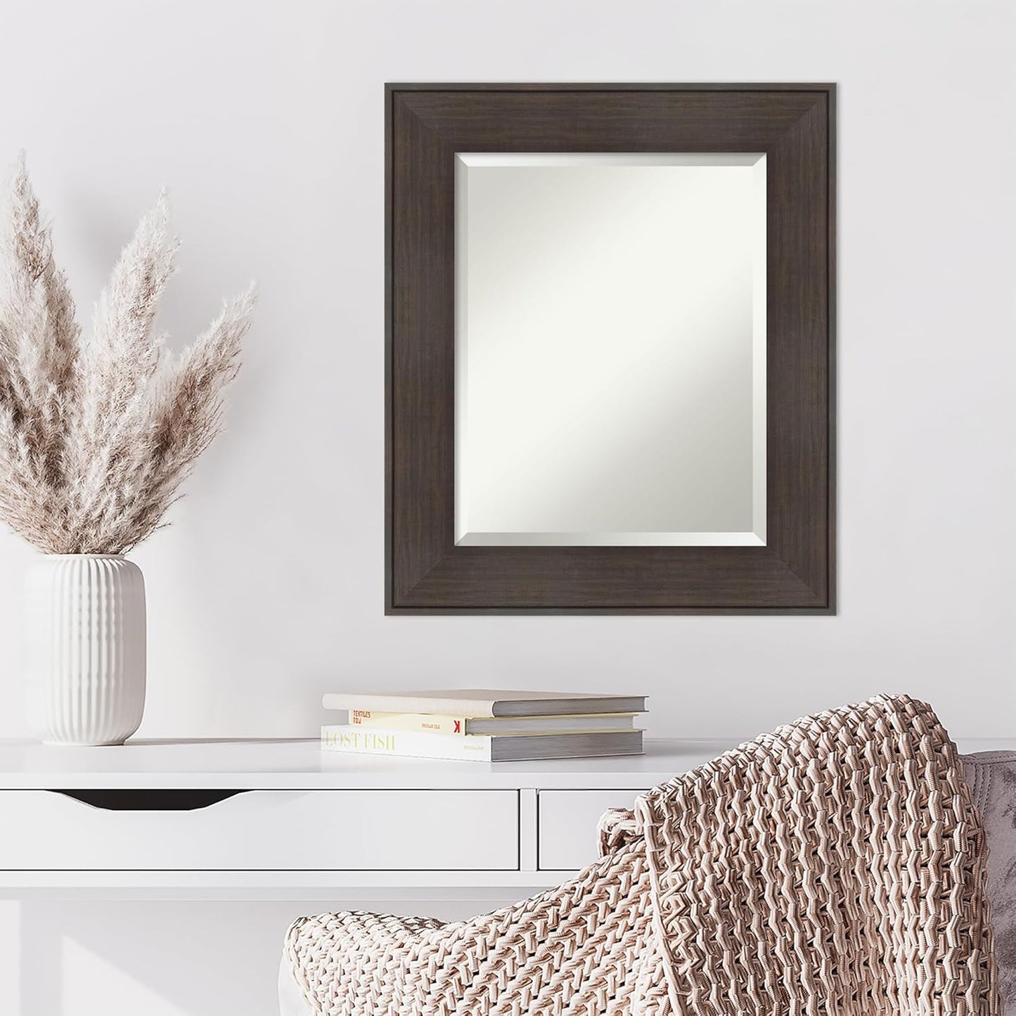 Amanti Art Brown Wall Mirror 26x22 William Rustic Woodgrain Rectangle Bathroom Mirror for Wall Decor Living Room, Small Classic Frame, Hangs Horizonally and Vertically, Bathroom Decor, Beveled Edge