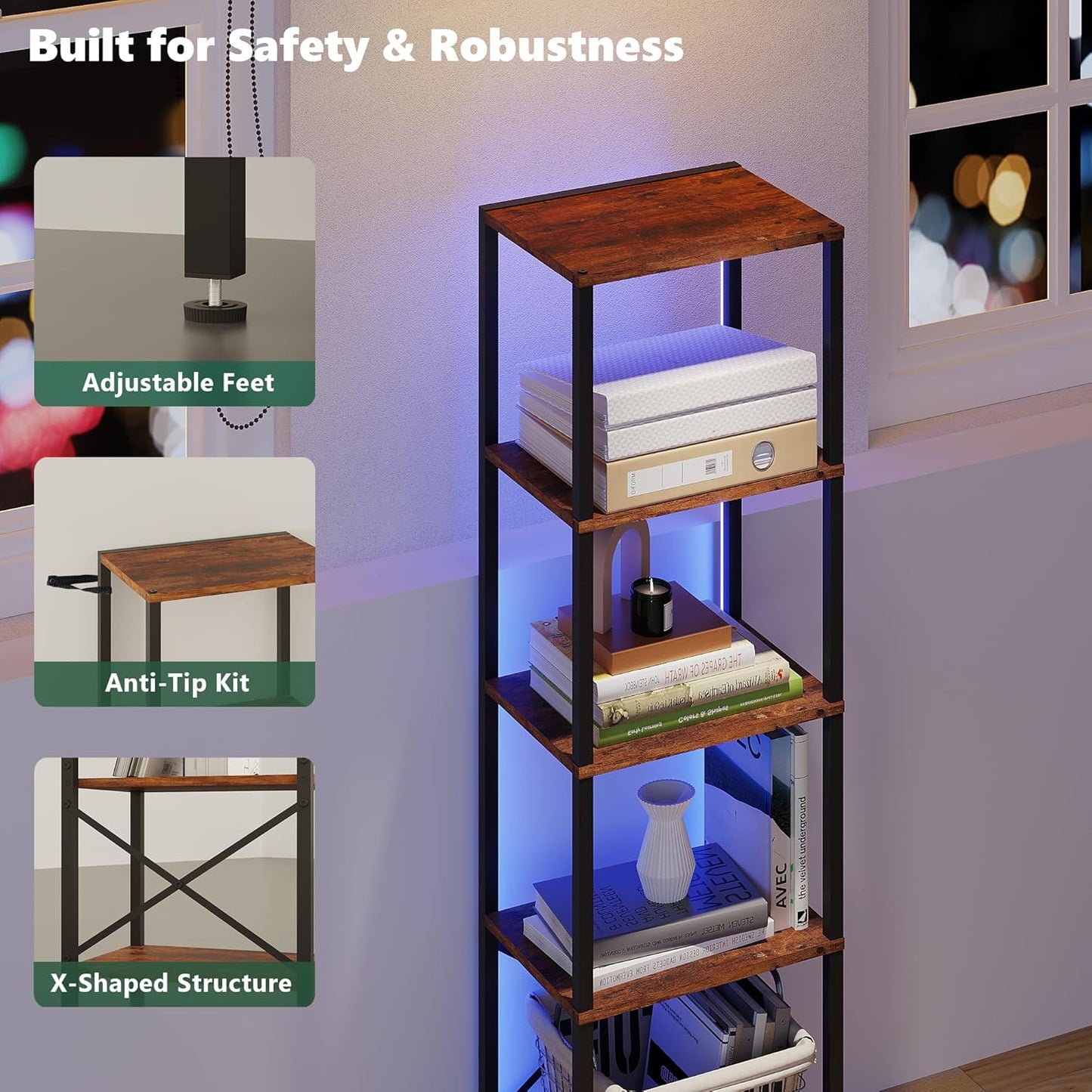 5-Tier Bookshelf, Tall Narrow Bookcase with LED Lights, Book Shelf with Steel Frame, Office Furniture, Display Storage Shelf for Living Room, Bedroom, Study, Balcony, Rustic Brown