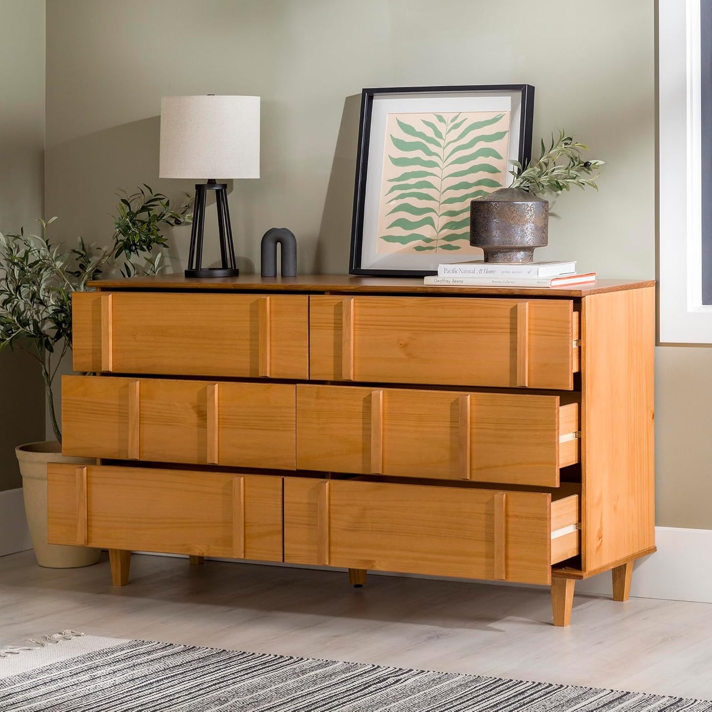 Walker Edison Contemporary Detailed 6-Drawer Solid Wood Dresser, 60 Inch, Caramel