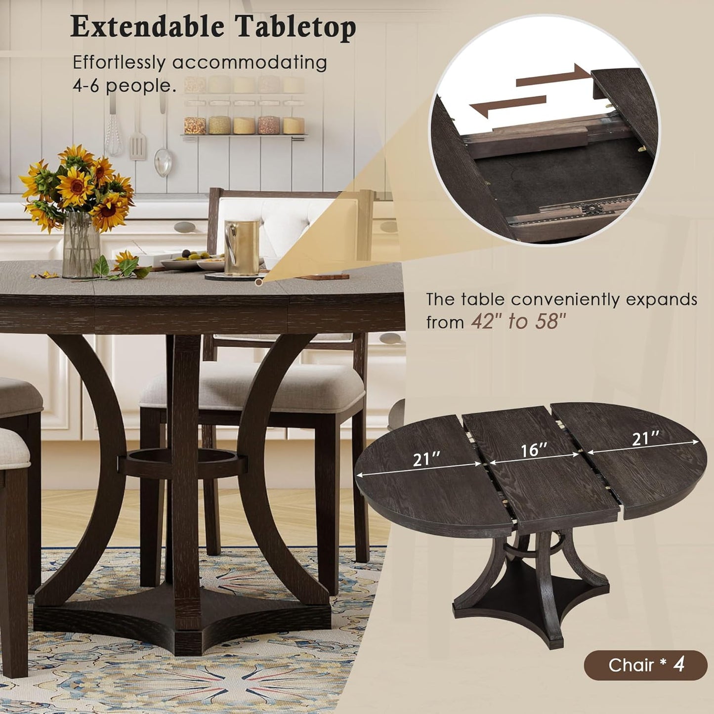 Merax 5-Piece Extendable Round Dining Table Set 42"-58" Retro Functional Table and 4 Upholstered Chairs for Dining Room and Living Room (Espresso)