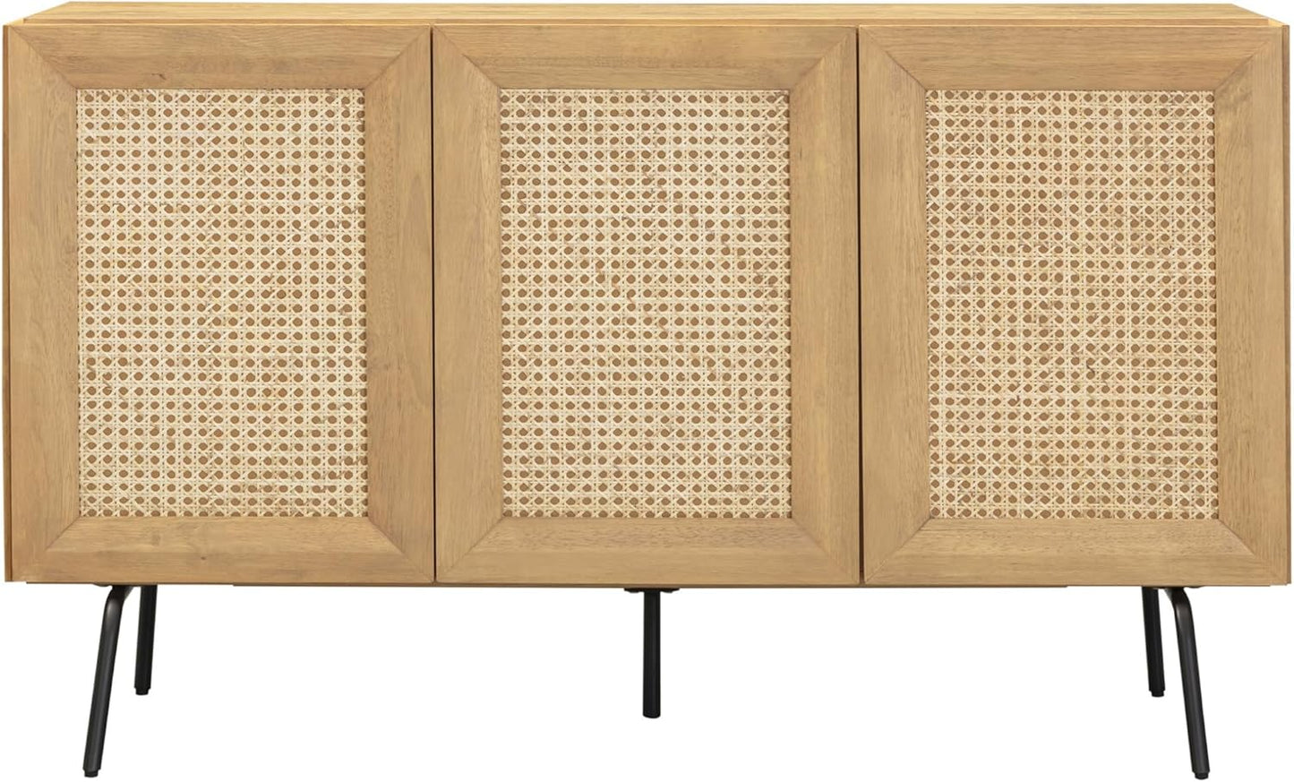 NTC MOSSIC Modern Sideboard with 3 Doors, Natural Rattan Storage Cabinet, Buffet with Metal Legs, Boho Accent Cabinet for Living Room, and Entryway, Effortless Assembly, Sand