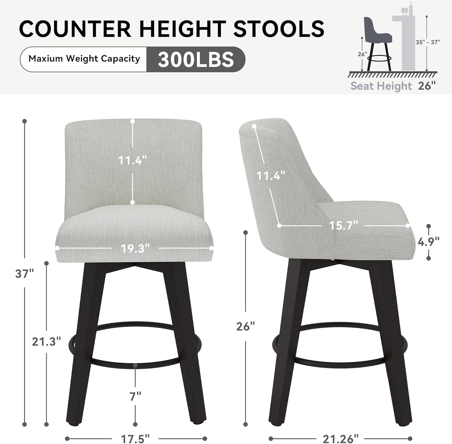 Counter Height Swivel Bar Stools Set of 4, 26 Inch Bar Stools with Footrest, Linen Fabric Upholstered Barstools with Back and Solid Wood Legs for Kitchen Island, Dining Room,Pub,White