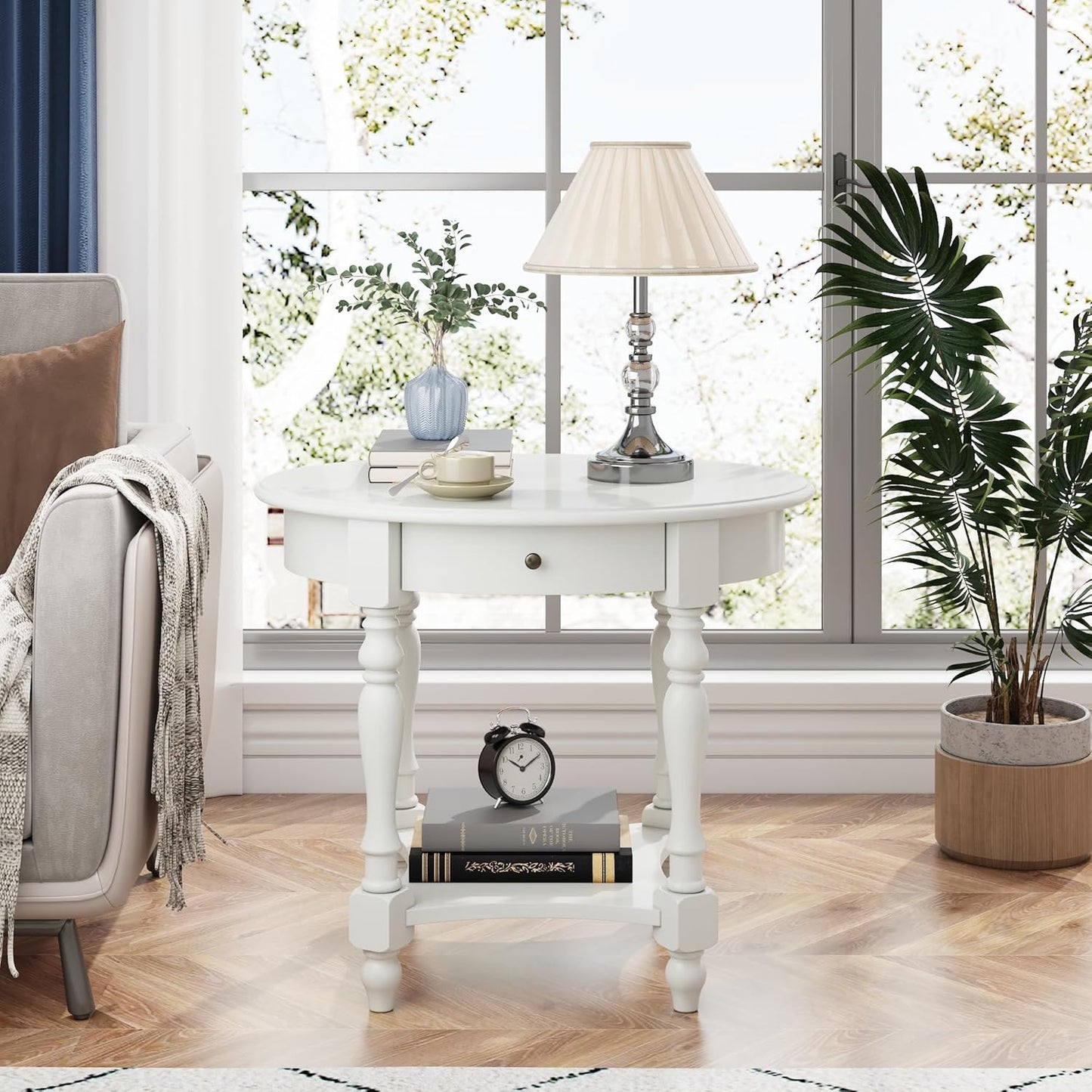 LEEMTORIG Oval Round End Table with Drawer, 2-Tier Solid Wood End Tables, Victorian Antique Nightstand Bedside Table for Bedroom, 28" W x 22" D x 24.2" H, Grey White (not Pure White), CJZ-2233-RW