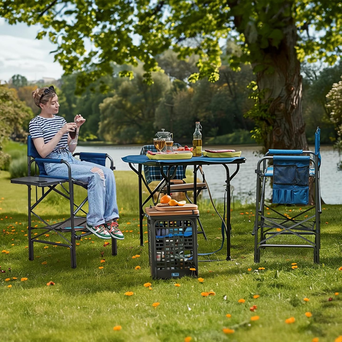 EVER ADVANCED 2 Piece Tall Folding Chair 30.7" Seat Height Directors Chair High Foldable Bar Stool for Makeup Artist Face Painting with Side Table Cup Holder Supports 350LBS