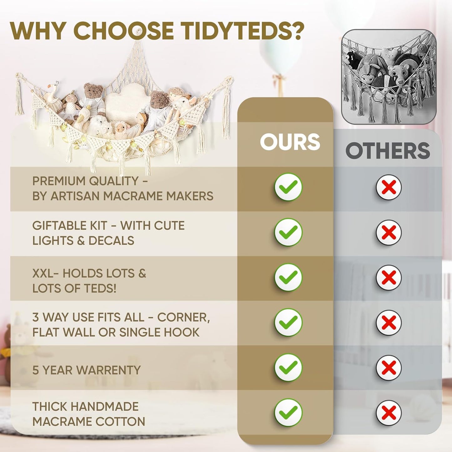 Macrame DreamLights Boho Stuffed Animal Storage Net Hammock Extra Large Plush Toy Storage Holder For Small Or Large Plushies BLUE