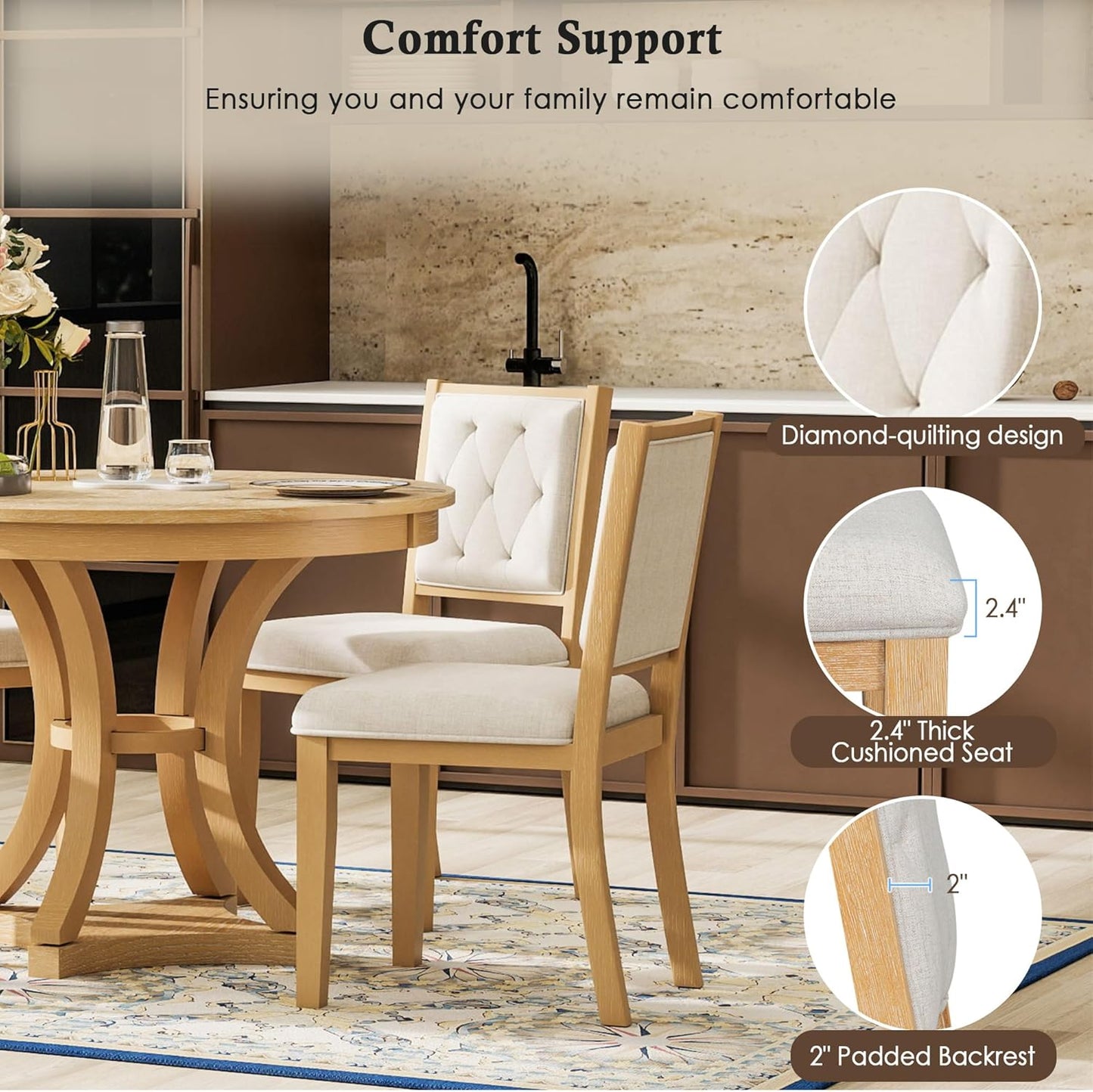 Merax 5-Piece Extendable Round Dining Table Set 42"-58" Retro Functional Table and 4 Upholstered Chairs for Dining Room and Living Room (Natural)