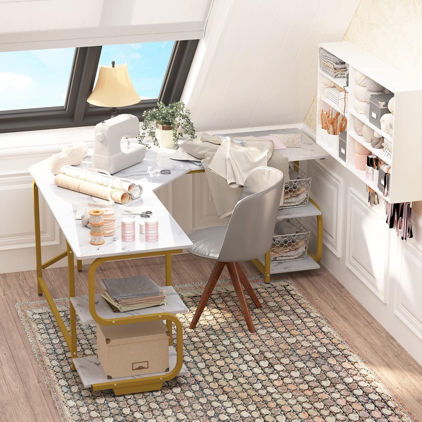 Teraves Modern L Shaped Desk with Shelves,64.84" Computer Desk/Gaming Desk for Home Office,Corner Desk with Large Desktop (White Marbling+ Gold Frame, Large+4 Tier Shelves)