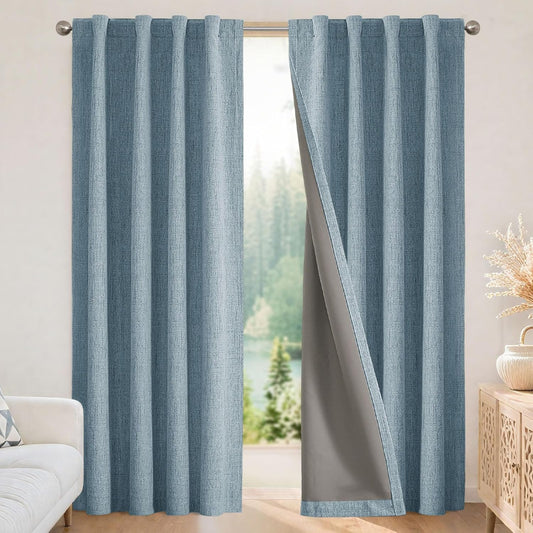 Joydeco 100% Blackout Curtains for Bedroom - Natural Linen Curtains 120" L Long, Thermal Insulated 2 Panels Sky Blue Light Blocking Drapes, Rod Pocket & Back Tabs, Darkening Privacy for Living Room