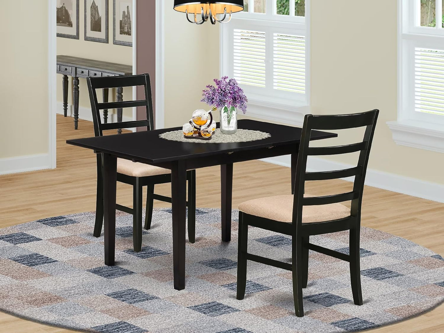East West Furniture NOPF3-BLK-C 3 Piece Dining Room Table Set Contains a Rectangle Kitchen Table with Butterfly Leaf and 2 Linen Fabric Upholstered Chairs, 32x54 Inch, Black