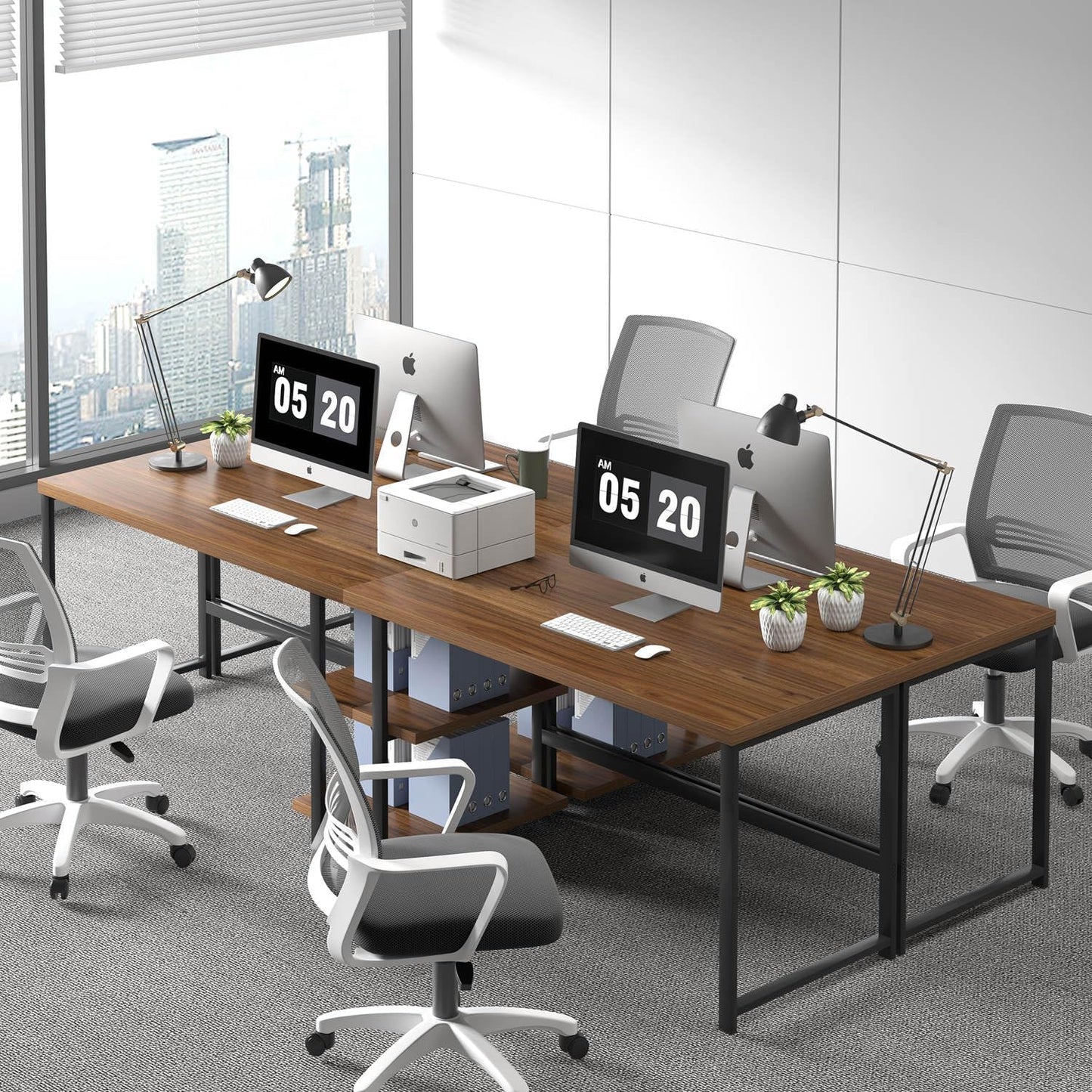 FOLUBAN Modern Computer Desk, Wood Home Office Desk, Study Writing Gaming Table Workstation with Storage Shelves for Living Room Bedroom, Rustic Walnut, 53 Inch