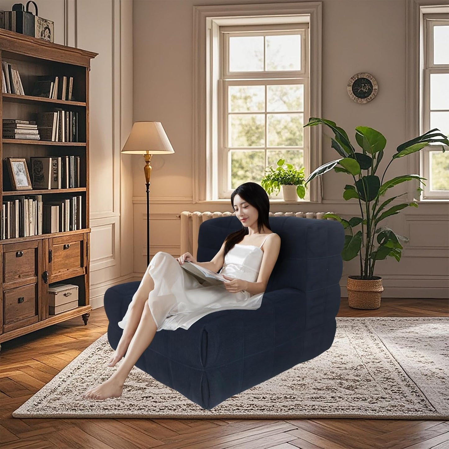 Bean Bag Chair - Memory Foam Bean Bag Chair for Adults, Comfy High-Resilience Single Sofa, Small Space Floor Chair, Chaise Lounge for Living Room, Bedroom (Dark Blue, Square)