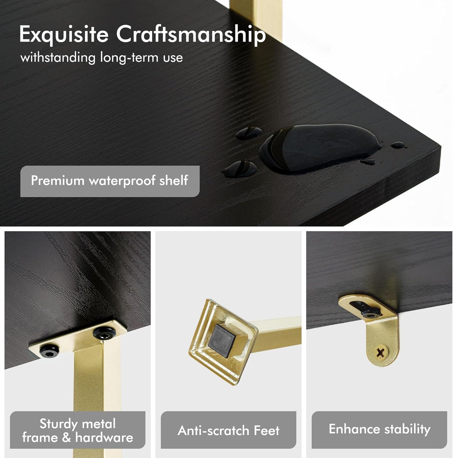 Axeman 5-Tier Ladder Bookcase, Tall Narrow Bookshelf for Small Spaces, Modern Book Storage Organizer Case Open Shelves for Bedroom, Living Room, Office, Library, Gold Metal Frame and Blakc Shelf